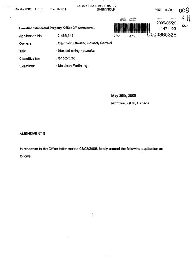 Canadian Patent Document 2466645. Prosecution-Amendment 20050526. Image 1 of 7