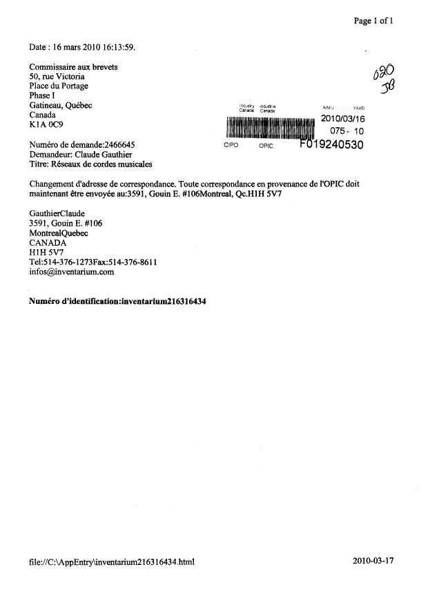 Document de brevet canadien 2466645. Correspondance 20091216. Image 1 de 1