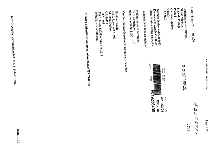 Canadian Patent Document 2466645. Fees 20100304. Image 1 of 1