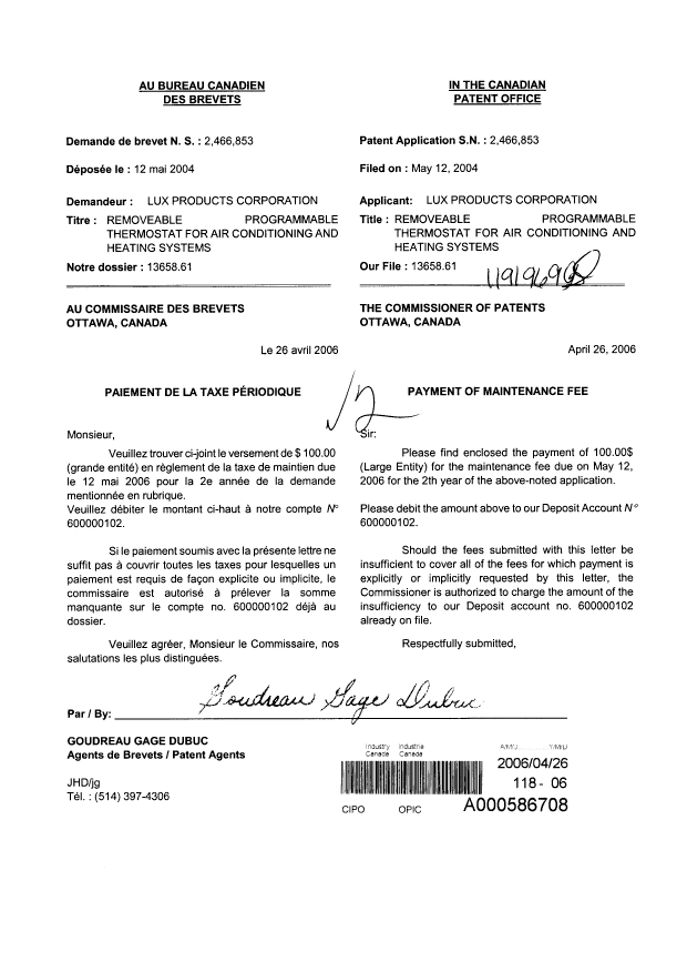 Document de brevet canadien 2466853. Taxes 20060426. Image 1 de 1