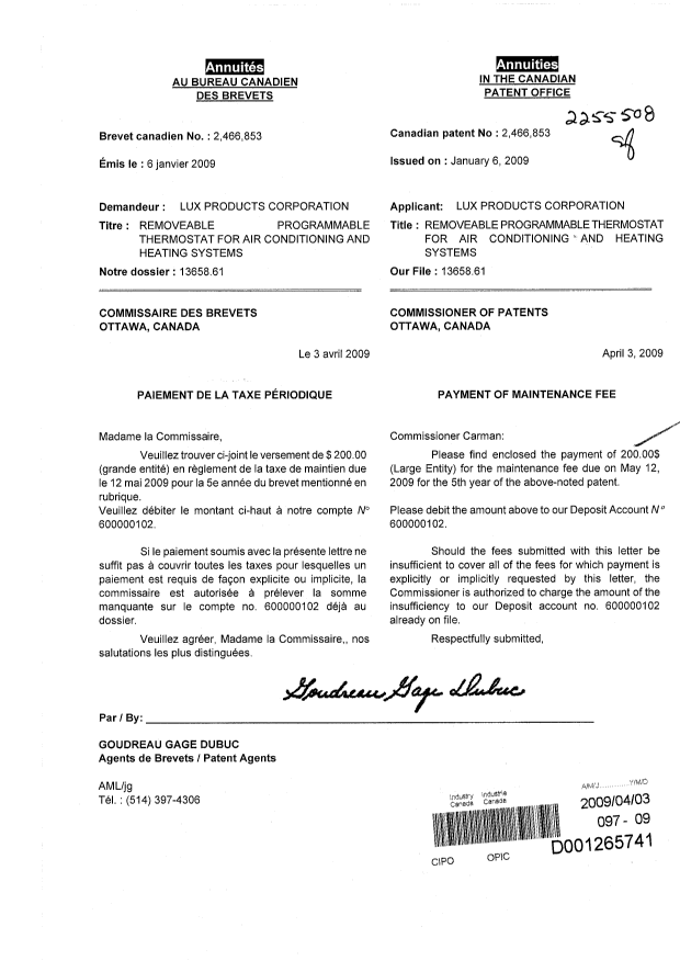 Document de brevet canadien 2466853. Taxes 20090403. Image 1 de 1