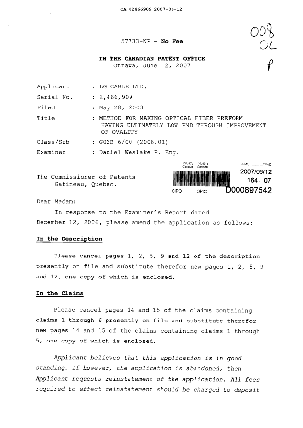 Canadian Patent Document 2466909. Prosecution-Amendment 20070612. Image 1 of 10