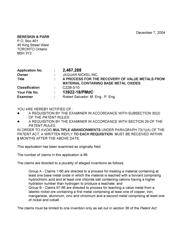 Document de brevet canadien 2467288. Poursuite-Amendment 20031207. Image 1 de 4