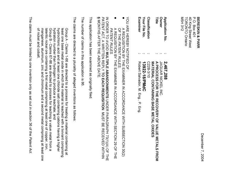 Canadian Patent Document 2467288. Prosecution-Amendment 20031207. Image 1 of 4
