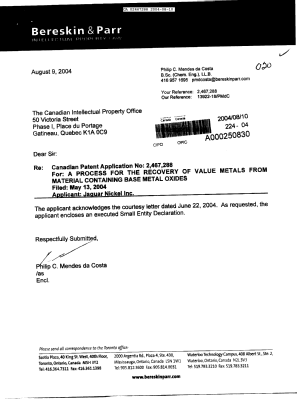 Document de brevet canadien 2467288. Correspondance 20031210. Image 1 de 2