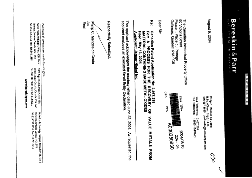 Document de brevet canadien 2467288. Correspondance 20031210. Image 1 de 2