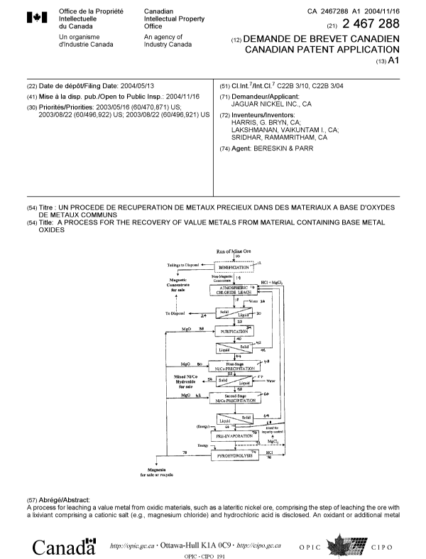 Document de brevet canadien 2467288. Page couverture 20031228. Image 1 de 2