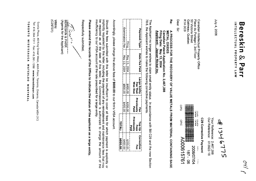 Document de brevet canadien 2467288. Poursuite-Amendment 20051204. Image 1 de 1