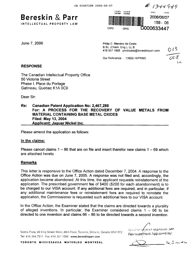 Document de brevet canadien 2467288. Poursuite-Amendment 20051207. Image 1 de 27