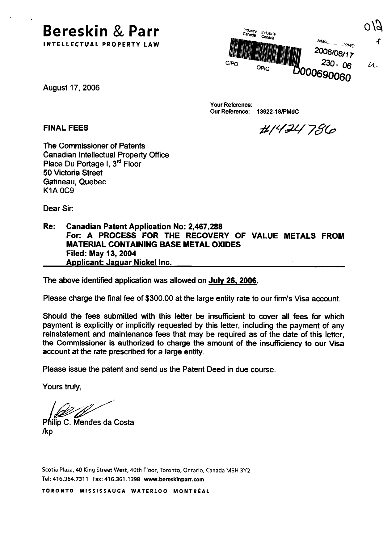 Document de brevet canadien 2467288. Correspondance 20051217. Image 1 de 1