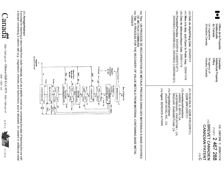 Document de brevet canadien 2467288. Page couverture 20051219. Image 1 de 2