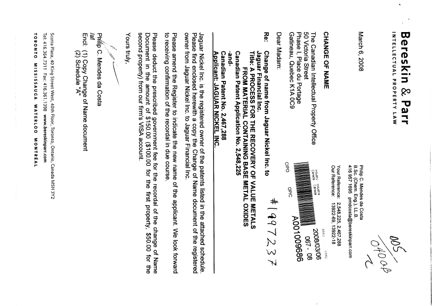 Document de brevet canadien 2467288. Correspondance 20071206. Image 1 de 2