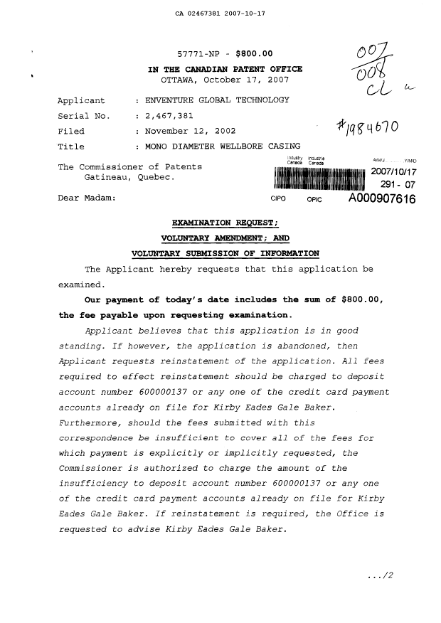 Canadian Patent Document 2467381. Prosecution-Amendment 20071017. Image 1 of 249