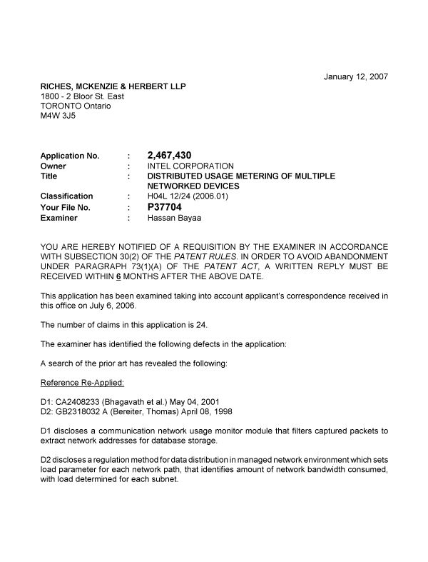 Document de brevet canadien 2467430. Poursuite-Amendment 20070112. Image 1 de 2