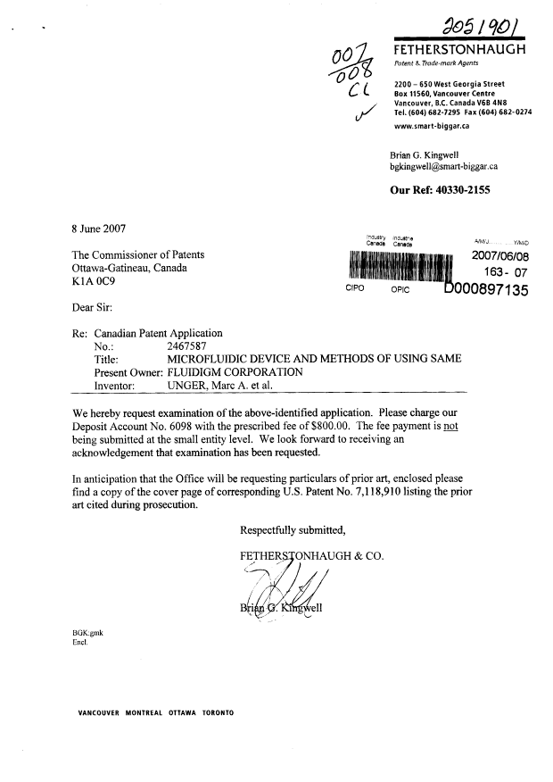 Canadian Patent Document 2467587. Prosecution-Amendment 20070608. Image 1 of 1