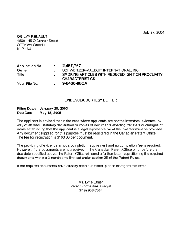 Document de brevet canadien 2467767. Correspondance 20040721. Image 1 de 1