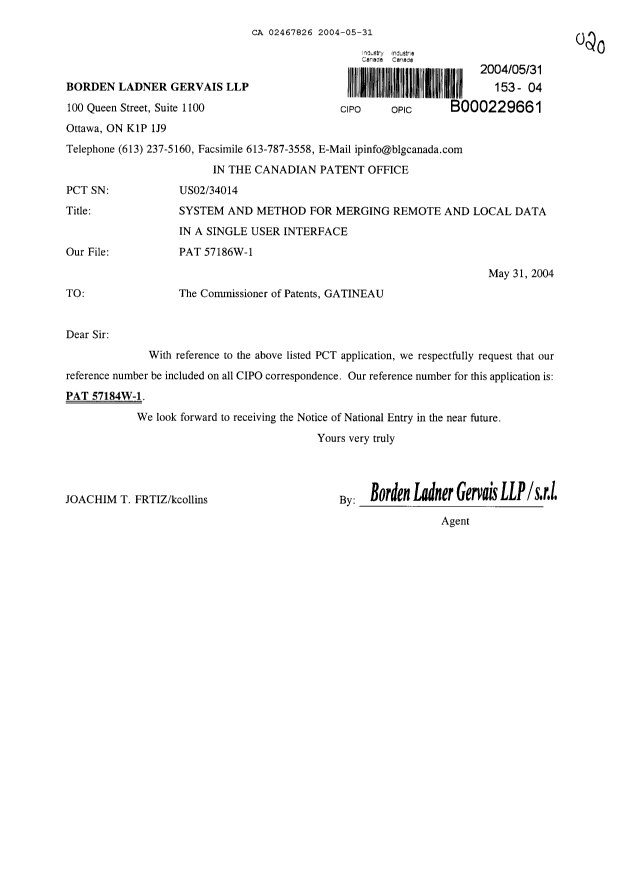 Document de brevet canadien 2467826. Correspondance 20040531. Image 1 de 1