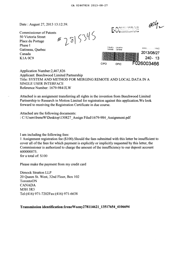 Document de brevet canadien 2467826. Cession 20130827. Image 1 de 8