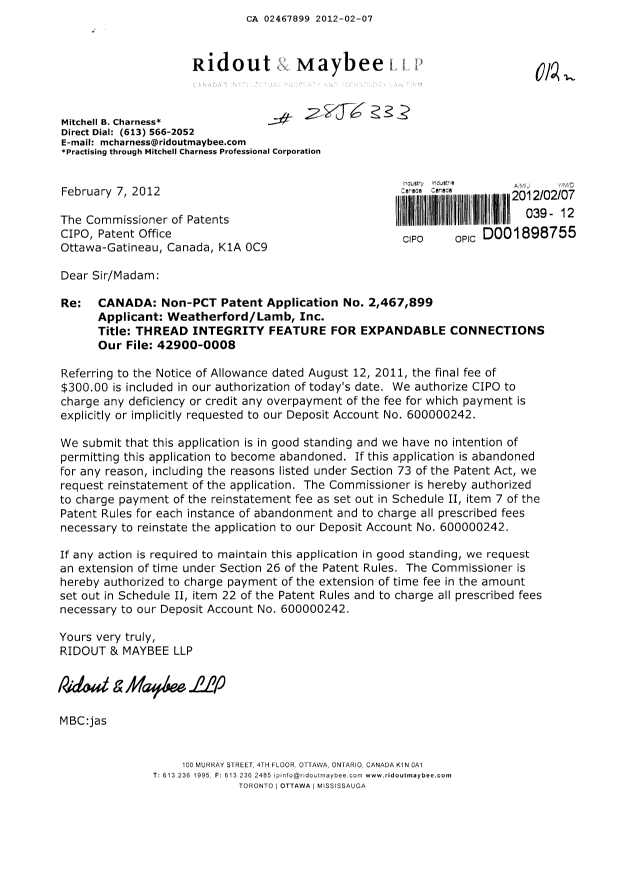 Document de brevet canadien 2467899. Correspondance 20120207. Image 1 de 1