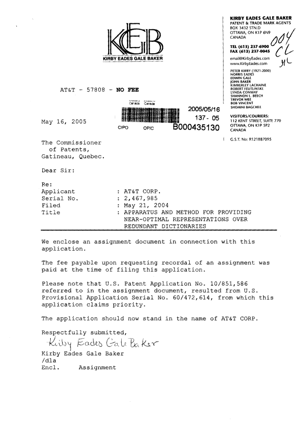 Document de brevet canadien 2467985. Cession 20050516. Image 1 de 5