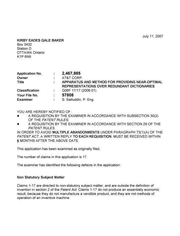 Document de brevet canadien 2467985. Poursuite-Amendment 20070711. Image 1 de 3