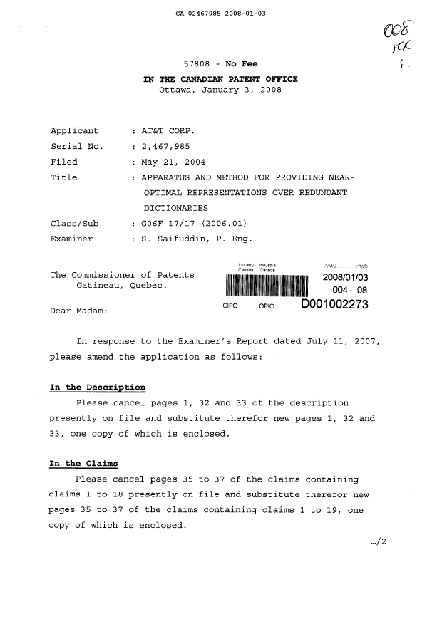 Document de brevet canadien 2467985. Poursuite-Amendment 20080103. Image 1 de 10