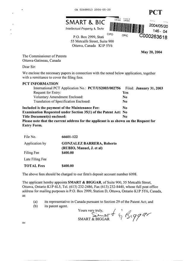 Document de brevet canadien 2468013. Cession 20040520. Image 1 de 2