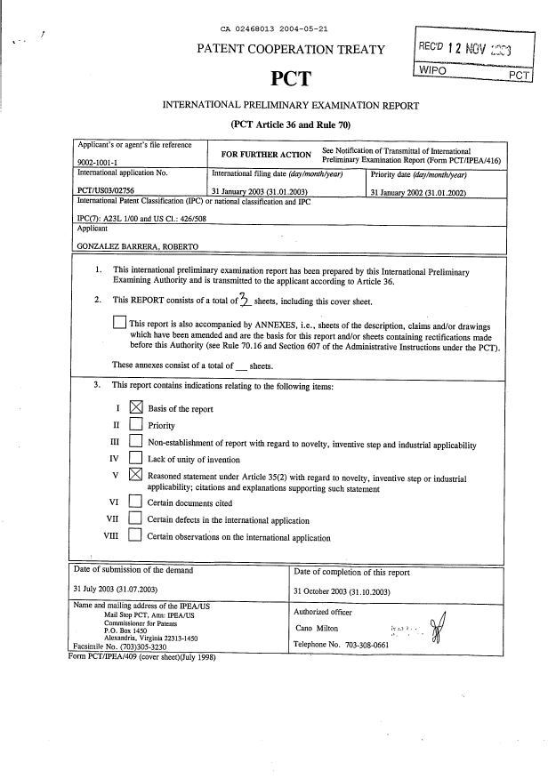 Document de brevet canadien 2468013. PCT 20040521. Image 1 de 3