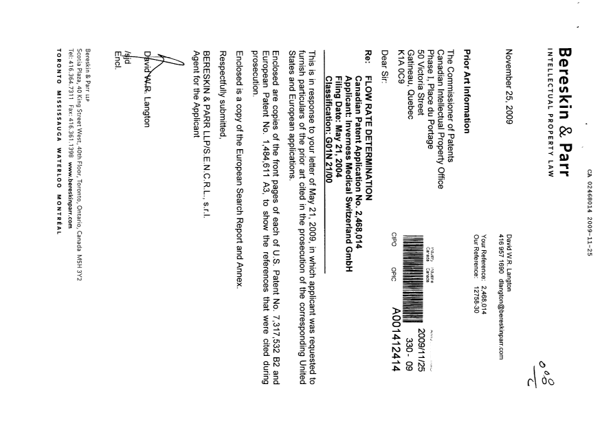 Canadian Patent Document 2468014. Prosecution-Amendment 20091125. Image 1 of 1
