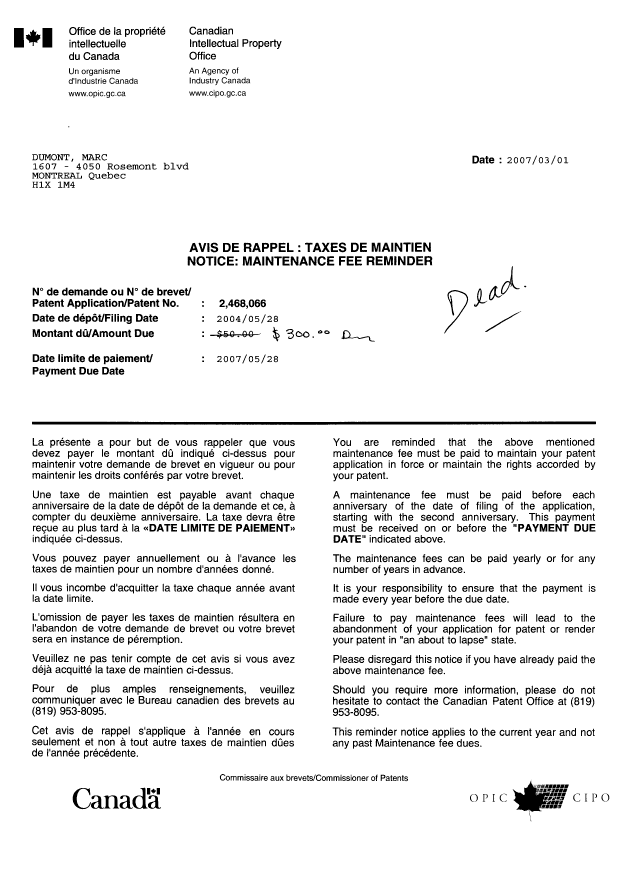 Document de brevet canadien 2468066. Correspondance 20061201. Image 1 de 2