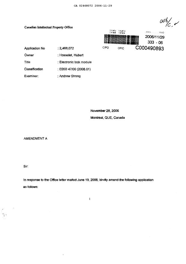Document de brevet canadien 2468072. Poursuite-Amendment 20051229. Image 1 de 21