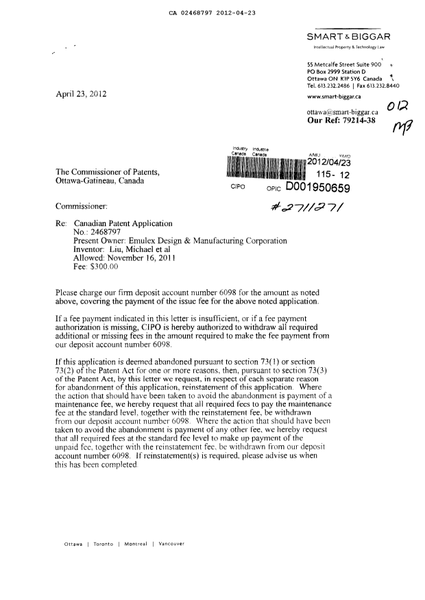 Canadian Patent Document 2468797. Correspondence 20111223. Image 1 of 2