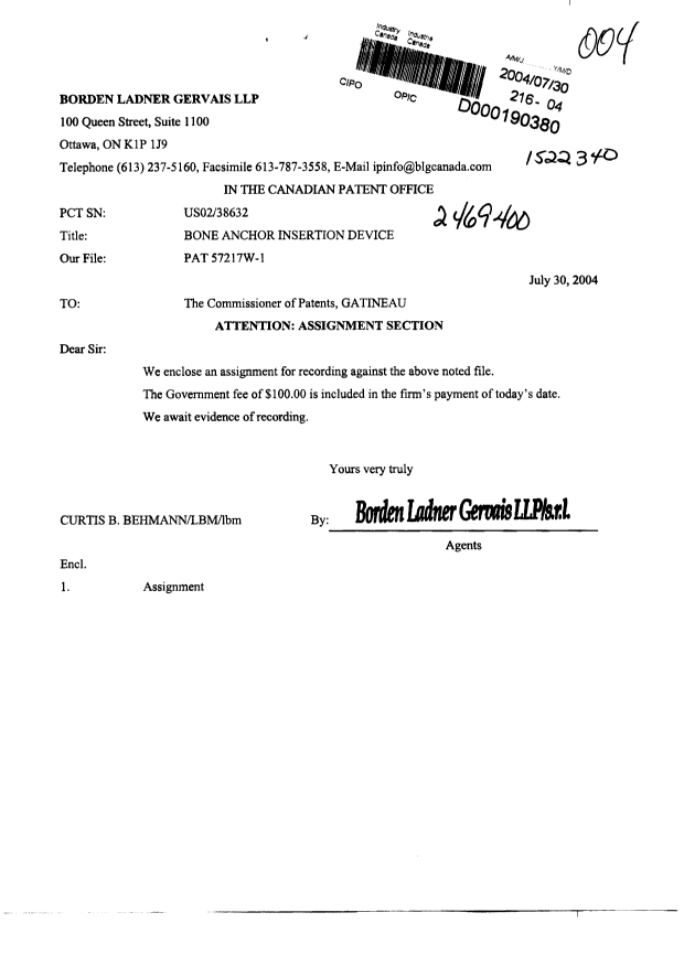 Document de brevet canadien 2469400. Cession 20040730. Image 1 de 9