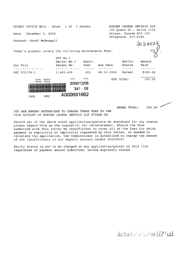 Document de brevet canadien 2469400. Taxes 20061206. Image 1 de 1