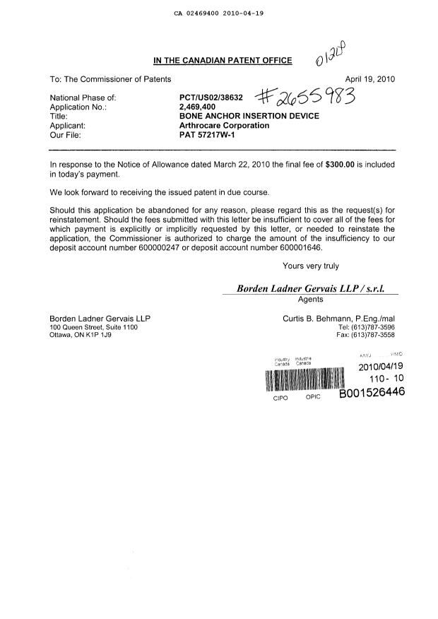 Document de brevet canadien 2469400. Correspondance 20100419. Image 1 de 1