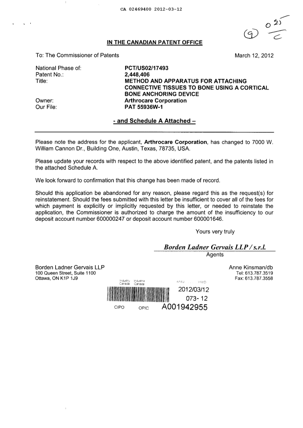 Document de brevet canadien 2469400. Cession 20120312. Image 1 de 3