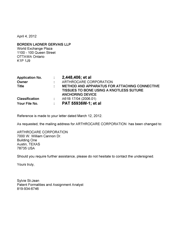 Document de brevet canadien 2469400. Correspondance 20120410. Image 1 de 1