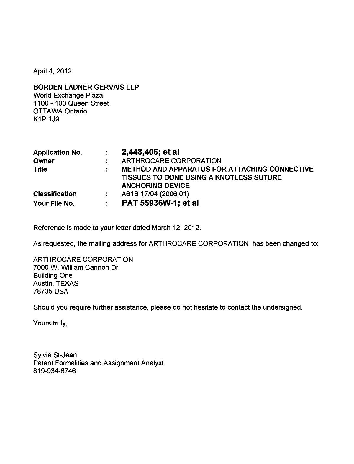 Canadian Patent Document 2469400. Correspondence 20120410. Image 1 of 1
