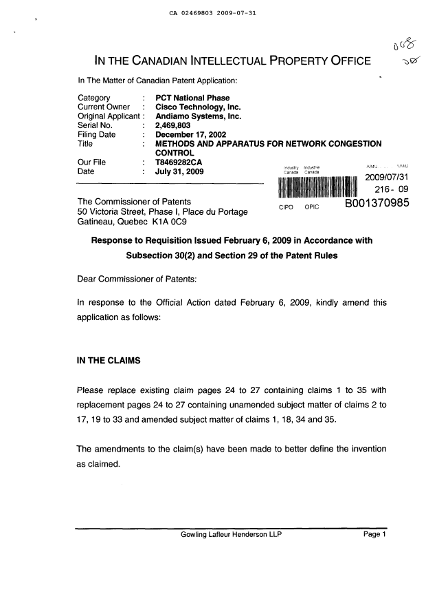 Canadian Patent Document 2469803. Prosecution-Amendment 20081231. Image 1 of 9