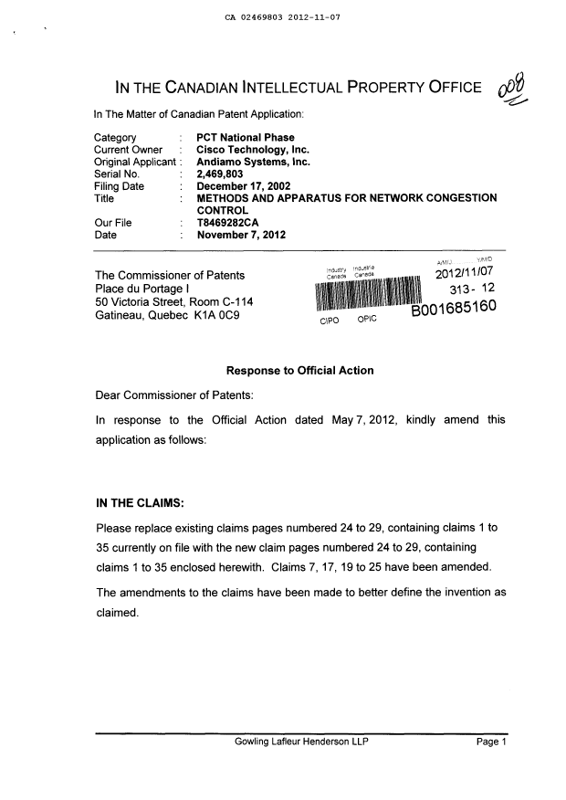 Canadian Patent Document 2469803. Prosecution-Amendment 20111207. Image 1 of 9
