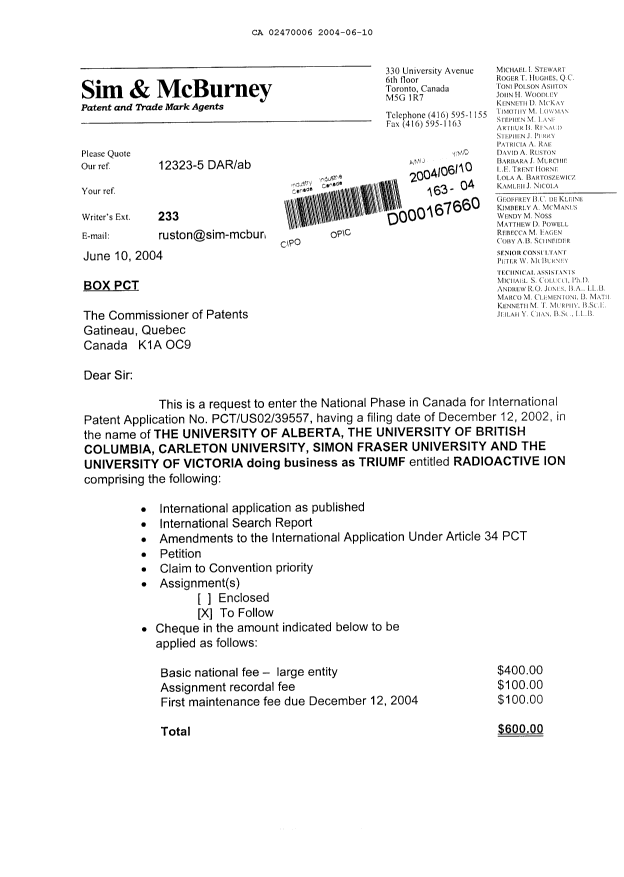 Document de brevet canadien 2470006. Cession 20040610. Image 1 de 3
