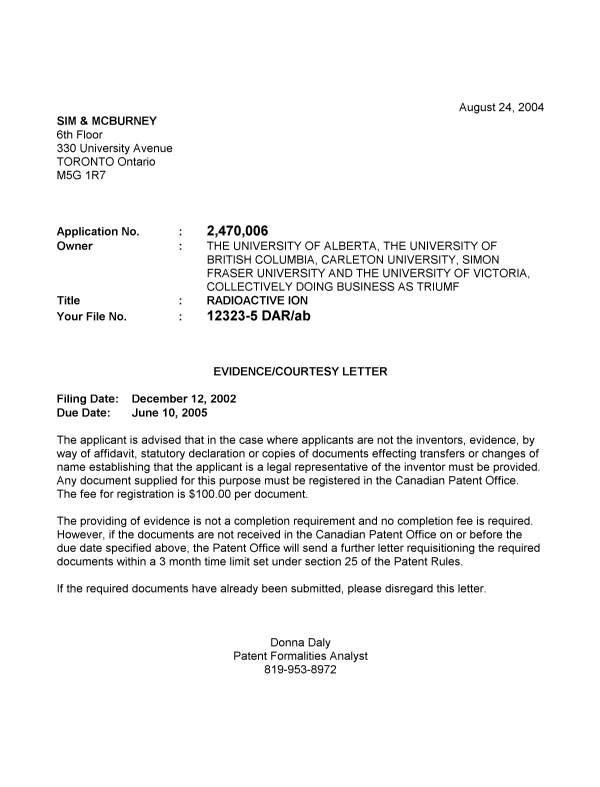 Document de brevet canadien 2470006. Correspondance 20040817. Image 1 de 1