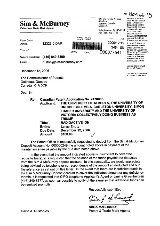 Document de brevet canadien 2470006. Taxes 20061212. Image 1 de 1