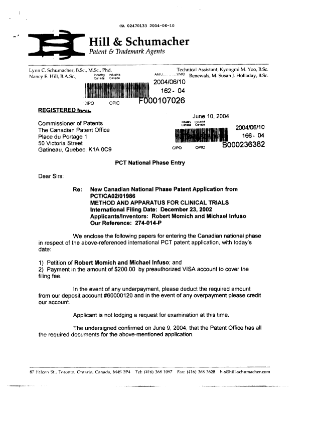 Document de brevet canadien 2470133. Cession 20040610. Image 1 de 4