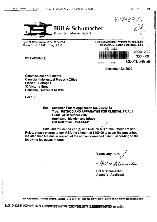 Document de brevet canadien 2470133. Taxes 20091222. Image 1 de 1