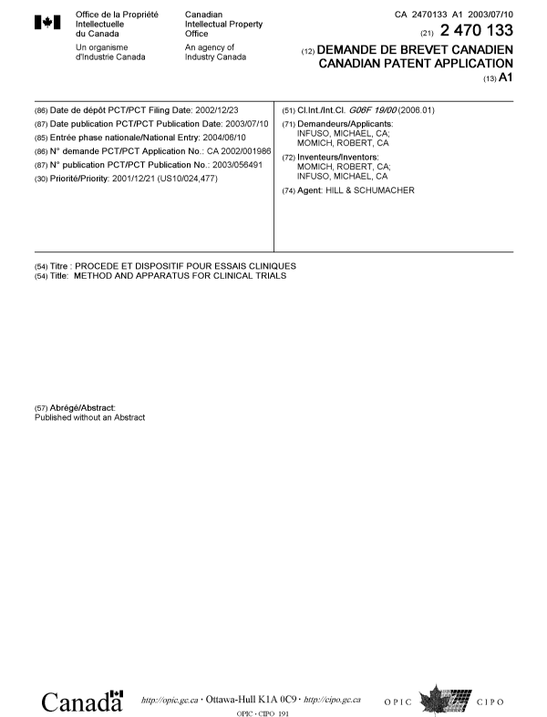 Canadian Patent Document 2470133. Cover Page 20100827. Image 1 of 1