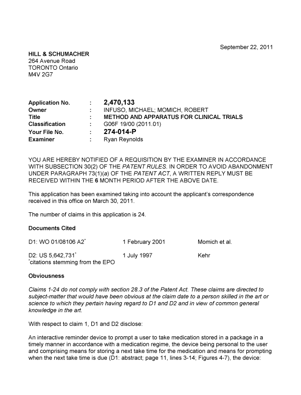 Document de brevet canadien 2470133. Poursuite-Amendment 20110922. Image 1 de 3