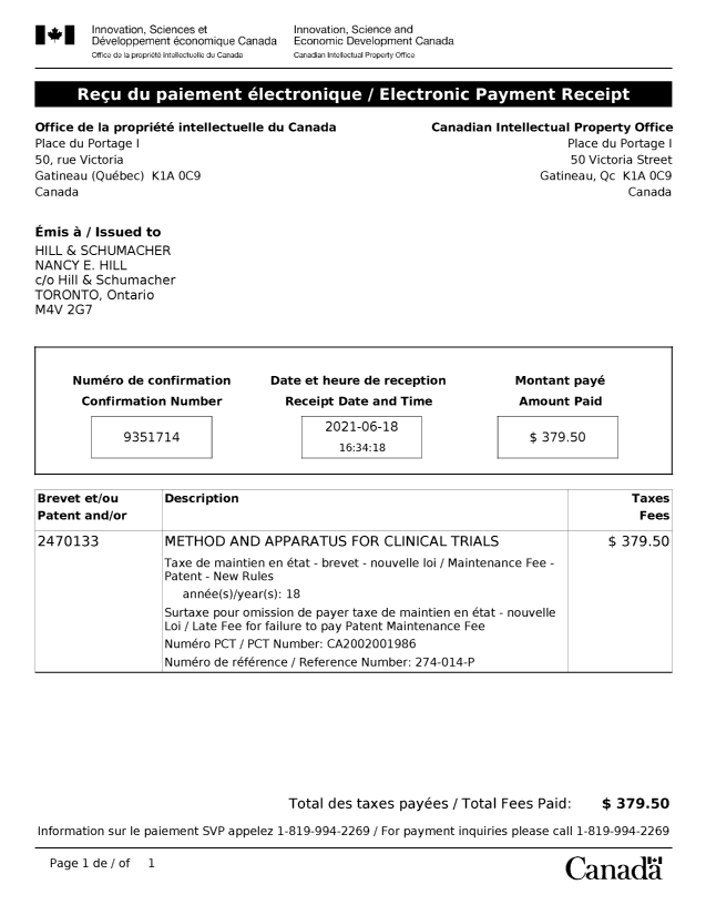 Document de brevet canadien 2470133. Paiement de taxe périodique 20210618. Image 1 de 1