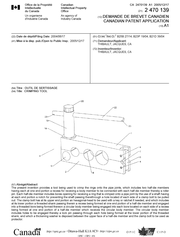 Canadian Patent Document 2470139. Cover Page 20041228. Image 1 of 1
