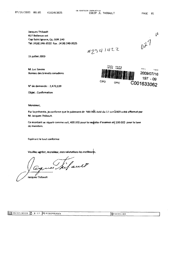 Canadian Patent Document 2470139. Prosecution-Amendment 20081217. Image 1 of 3